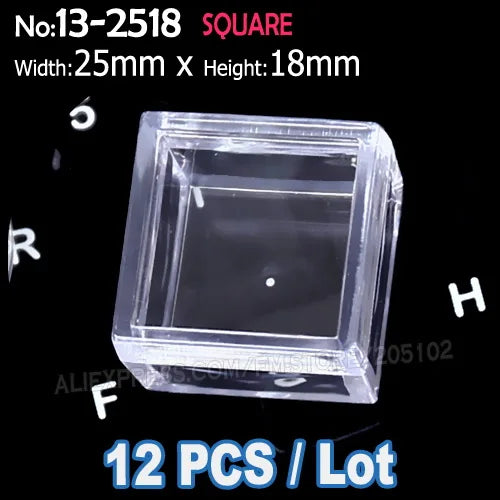 A clear square storage box with dimensions 25mm x 18mm is shown against a black background.