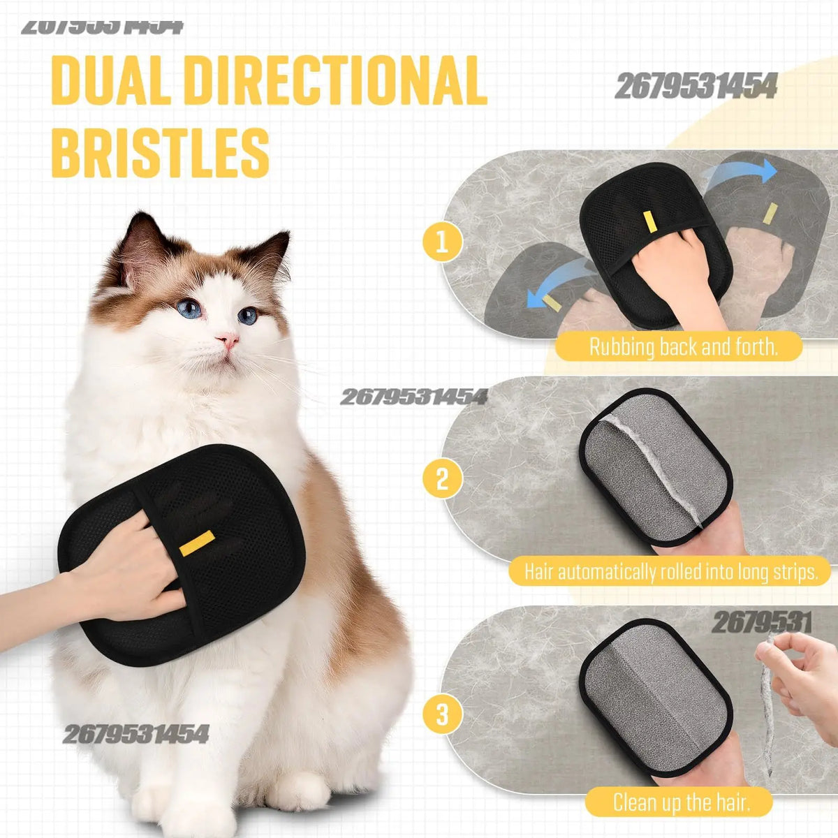 A cat is shown using a black dual directional bristled glove to remove hair from its fur.