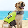 Un golden retriever vistiendo un chaleco salvavidas amarillo y gris nadando en una playa de arena.