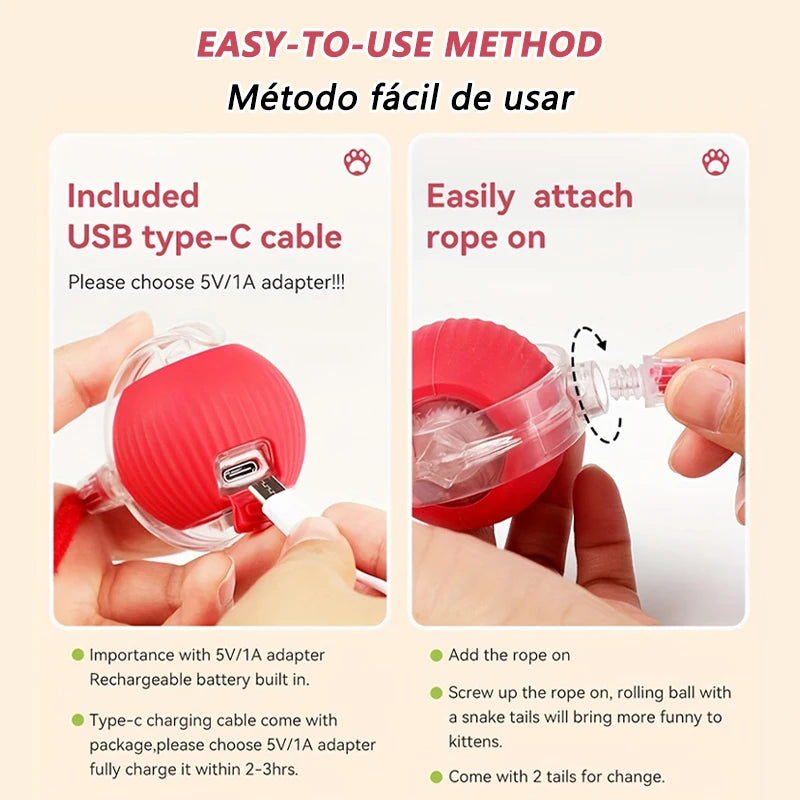Rote, selbstbewegende Katze-Spielball mit USB Type-C-Kabel und Schnur.