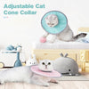 Collier de cône ajustable pour chat, montré avec un chat et un jouet en peluche.
