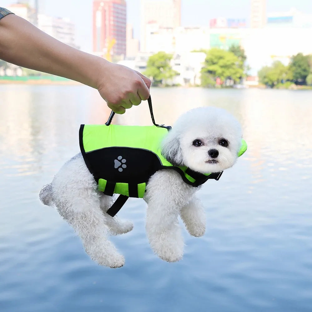 A white dog wearing a neon green life jacket is being held by a person above water.