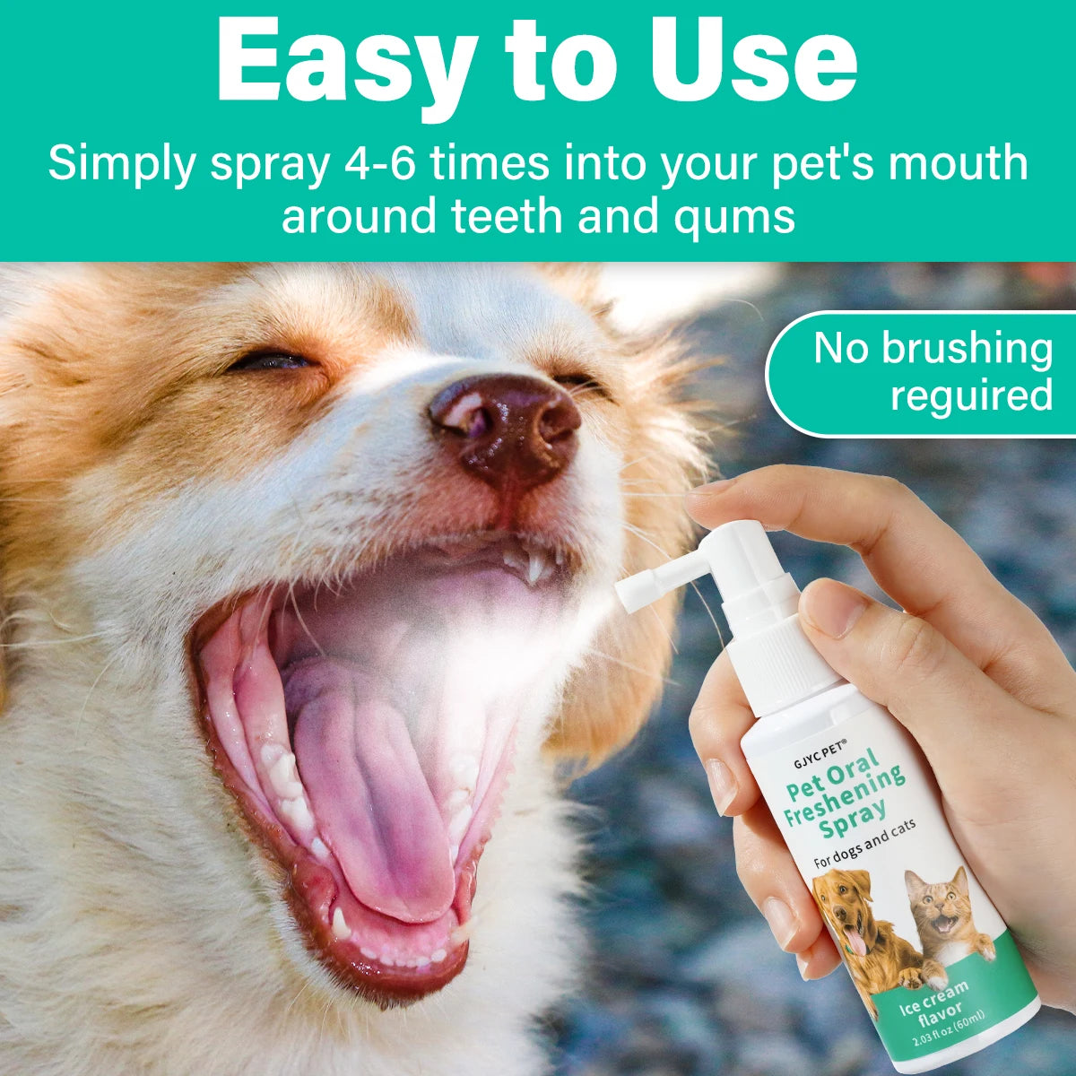 A hand is spraying a clear bottle of Pet Oral Freshening Spray for dogs and cats onto a dog's mouth.