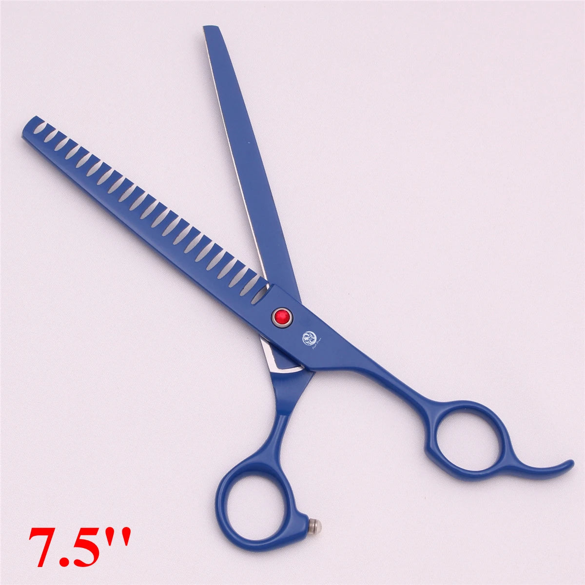 Ein Paar blaue, professionelle Edelstahl-Haarscheren für Haustiere mit gezahnten Klingen vor weißem Hintergrund.