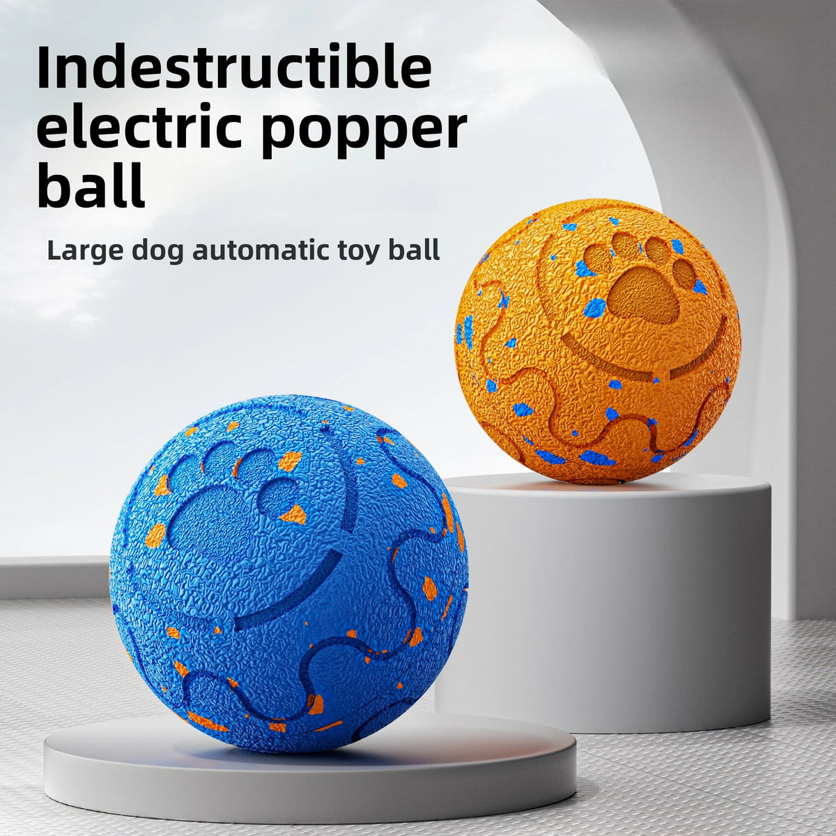 An orange and blue rubber electric popper ball toy for dogs displayed on a white stand.