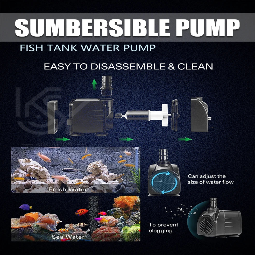 A submersible pump for fish tank water, showing its disassembly and ability to handle fresh or sea water.