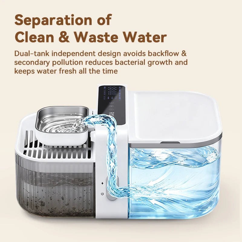 A dual-tank water separation device for pet water, showing clean and waste water flow.