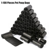 A pile of black 1-100 pieces pet poop bags with one bag laid out below.
