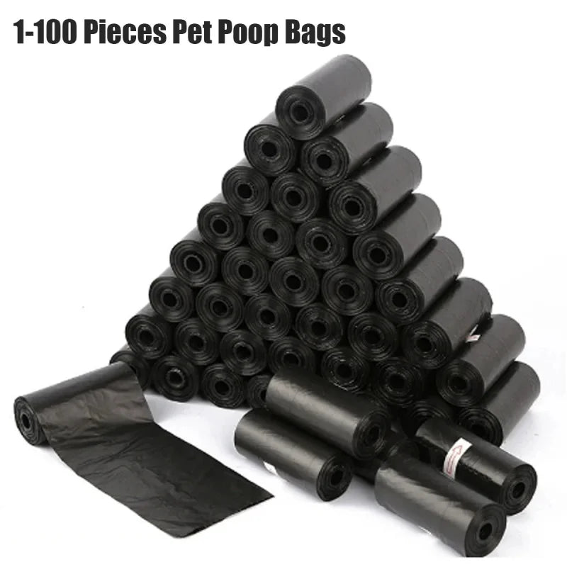 A pile of black 1-100 pieces pet poop bags with one bag laid out below.