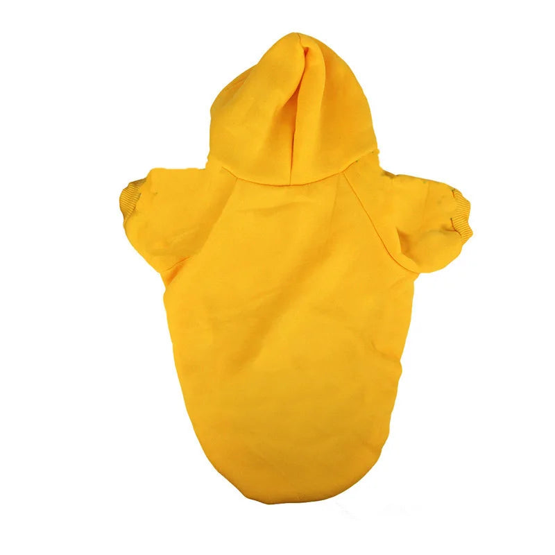 A bright yellow fleece dog coat and hoodie.