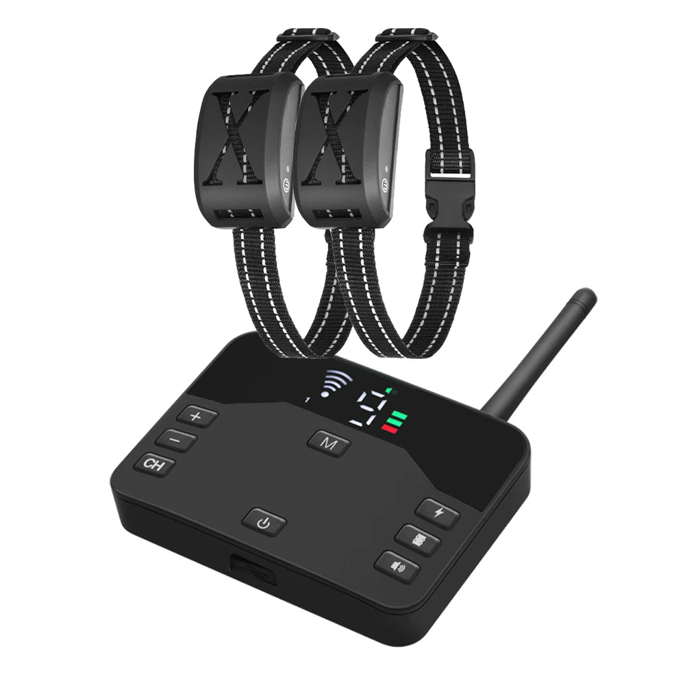 A black dual function dog training collar with a remote trainer and electric fence component.