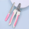 A pair of pink and white stainless steel pet nail clippers for dog and cat grooming