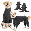 A golden retriever and a Shiba Inu wearing dark gray windproof fleece dog jumpsuits.