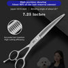 A pair of professional pet magic scissors with a 7.25 inch blade shown next to a small white dog.