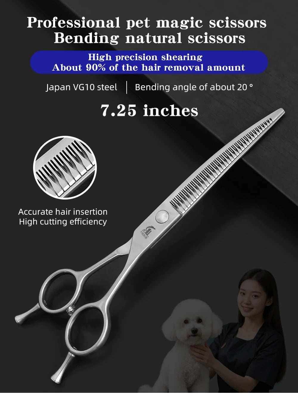 A pair of professional pet magic scissors with a 7.25 inch blade shown next to a small white dog.