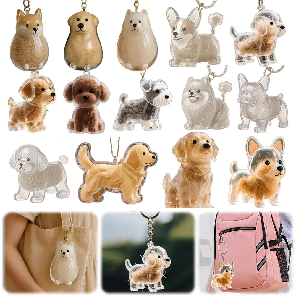 A collection of transparent pet hair memorial keychains featuring various dog breeds and pets.