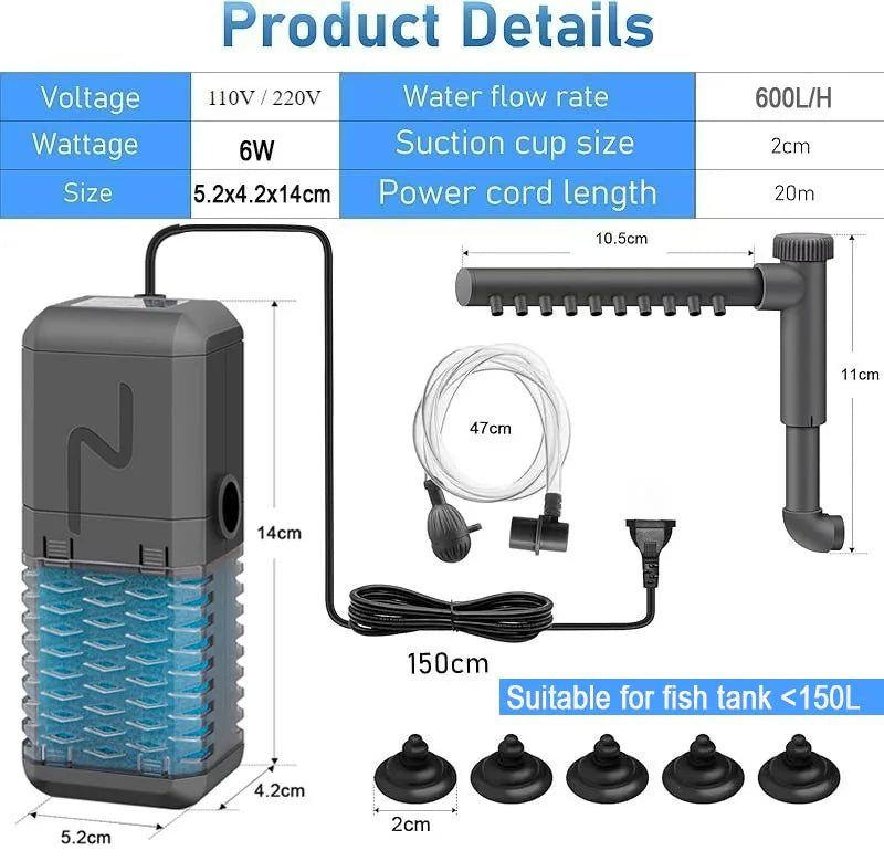 A grey aquarium filter pump with a suction cup, power cord, and various nozzles for water flow and oxygenation.