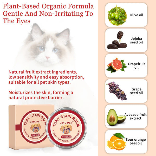 A collection of plant-based organic formulas for pet eyes, including olive oil, jojoba seed oil, grapefruit oil, grape seed o