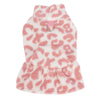 A pink leopard print dog princess dress made of fluffy faux fur.