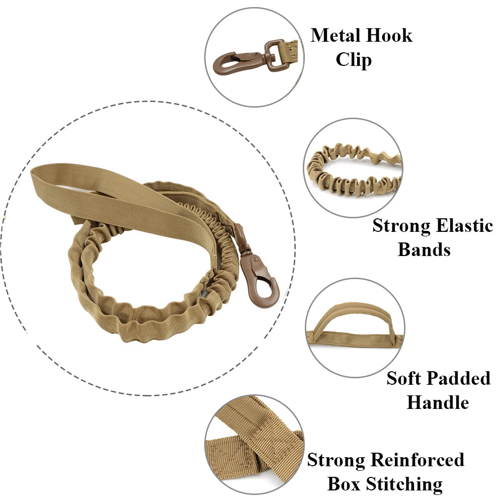 Diagram showing components of a heavy-duty tactical dog leash including a metal hook clip, elastic bands, soft padded handle,