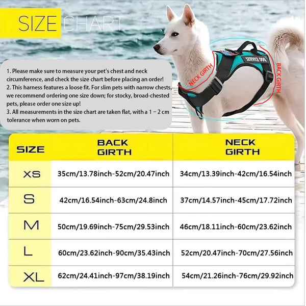 A white dog wearing a black harness for a service dog, next to a size chart.