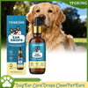 A bottle of Yegbong Ear Drops next to a golden retriever dog.