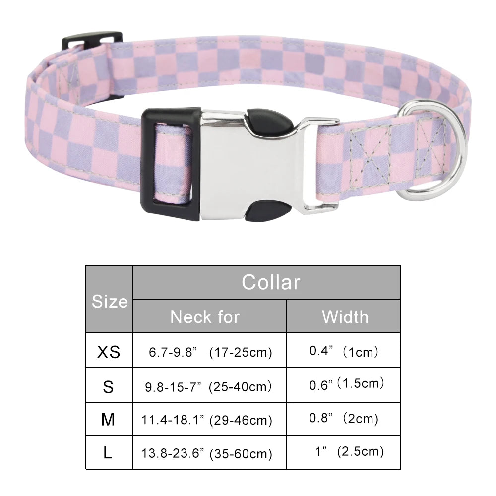 A pink and purple checker pattern nylon dog collar with a silver buckle shown against a white background.
