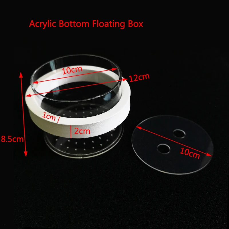 Acrylic bottom floating box with suction cups and a circular plate for fish breeding isolation