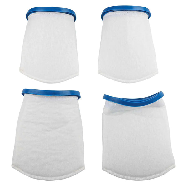 Four white reusable sand and silt filter bags with blue trim shown from the front.