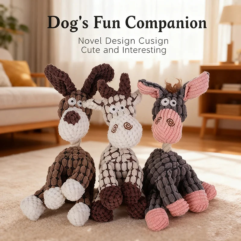 Three adorable plush dog figures in brown and pink colors designed as a fun companion toy