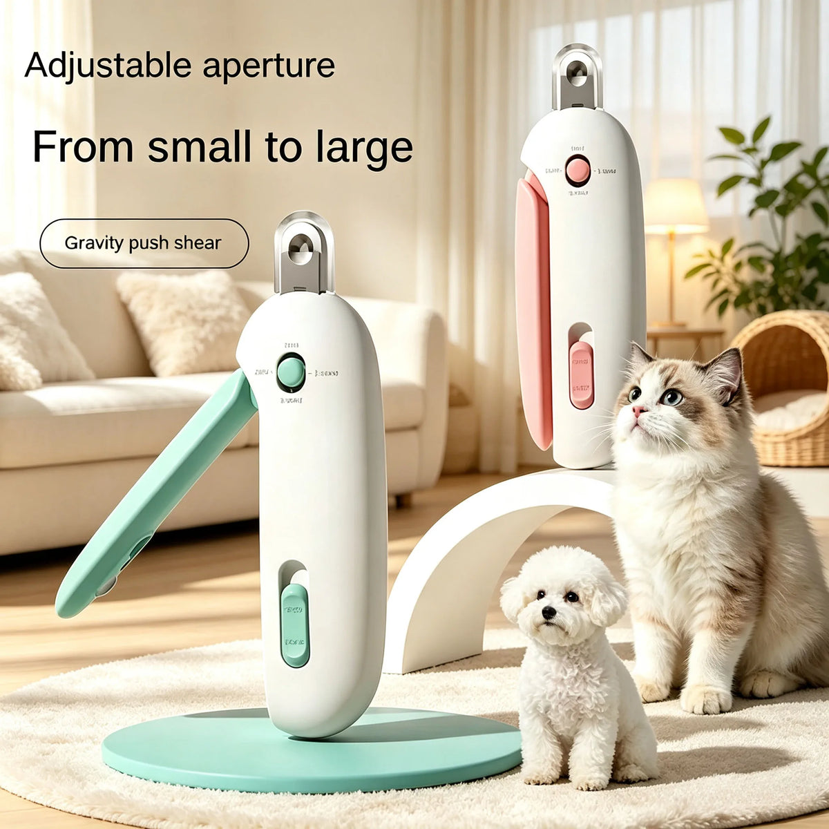 A white gravity push shear pet nail clipper trimmer is shown next to a small dog and a cat on a light-colored rug.