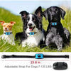 An adjustable strap for dogs is shown next to three dogs in a grassy field.