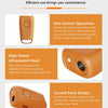 An orange ultrasonic dog bark deterrent device showing its one-button operation and curved back design.
