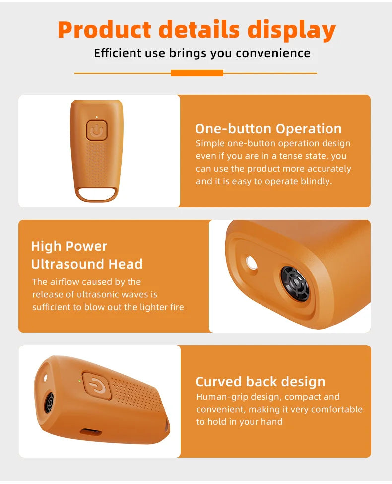 An orange ultrasonic dog bark deterrent device showing its one-button operation and curved back design.