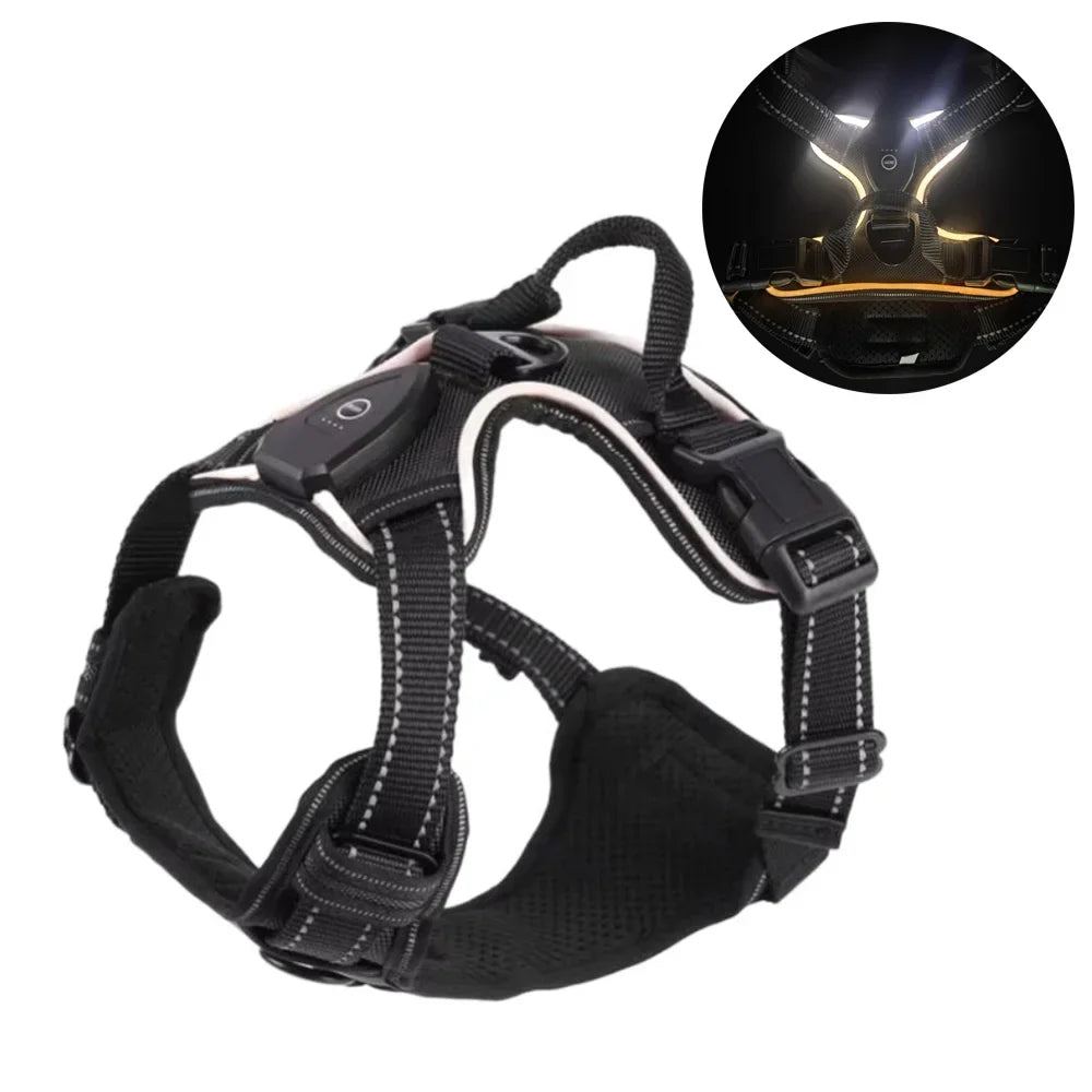 A black LED dog harness with reflective strips is shown against a white background, with an inset showing the light feature.
