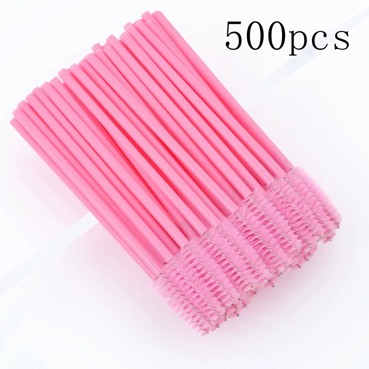 A bundle of 500 pink disposable eyelash and eyebrow brushes laid out on a white background.