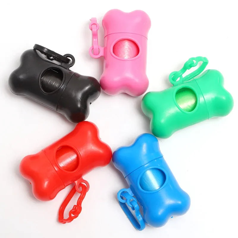 Five bone-shaped dog waste bag dispensers in pink, black, red, blue, and green.