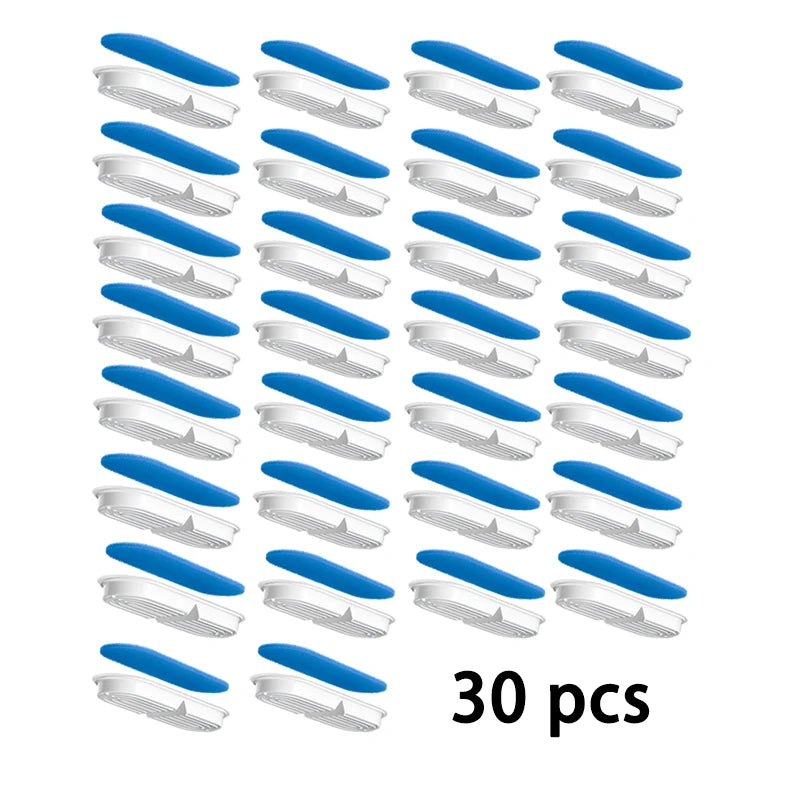 Un juego de 30 boquillas automáticas para fuentes de agua de mascotas en plata y azul.