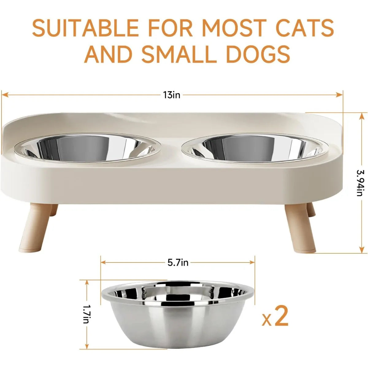 A beige elevated bowl set with two stainless steel bowls, suitable for cats and small dogs.