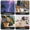 Images showing thunderstorm lightning, vacuum cleaning, dog rides, and grooming a dog with ear muffs.