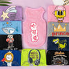 A collection of colorful breathable mesh summer pet vests featuring various cute cartoon prints and designs.