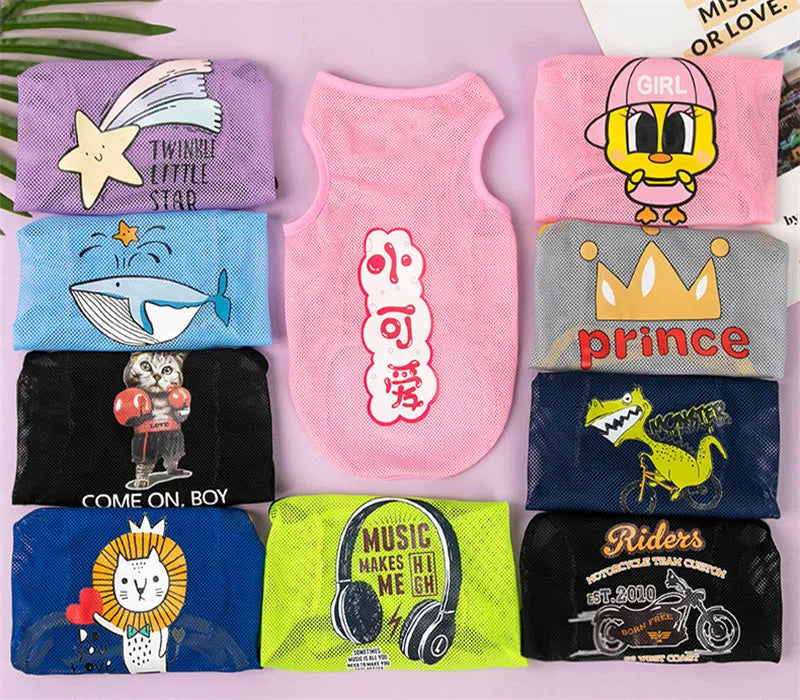 A collection of colorful breathable mesh summer pet vests featuring various cute cartoon prints and designs.