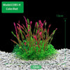A clump of red artificial aquarium plants growing in a gravel substrate, with a scale indicating 13cm height and 12cm width.