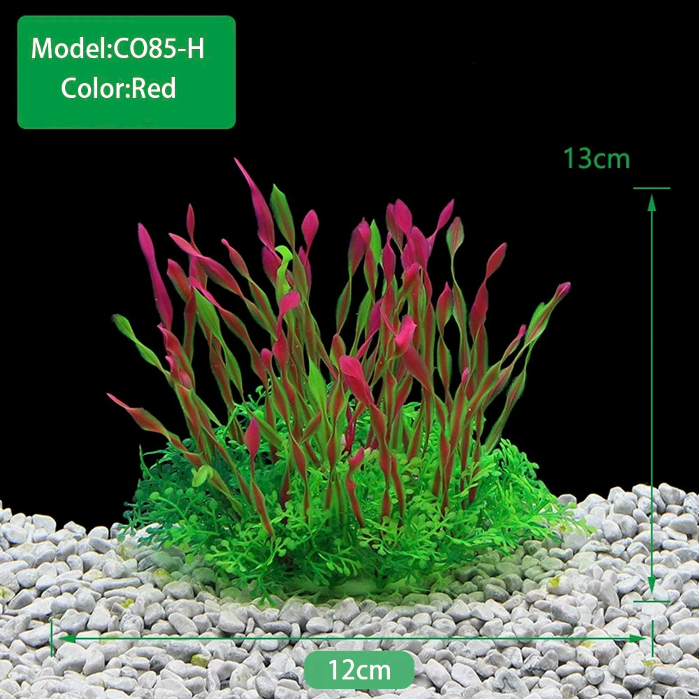 A clump of red artificial aquarium plants growing in a gravel substrate, with a scale indicating 13cm height and 12cm width.