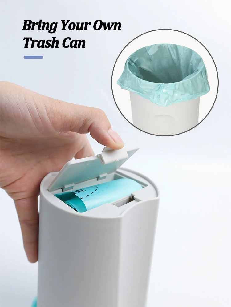 A hand is shown inserting a reusable pet litter scoop with a waste bag into a white container.