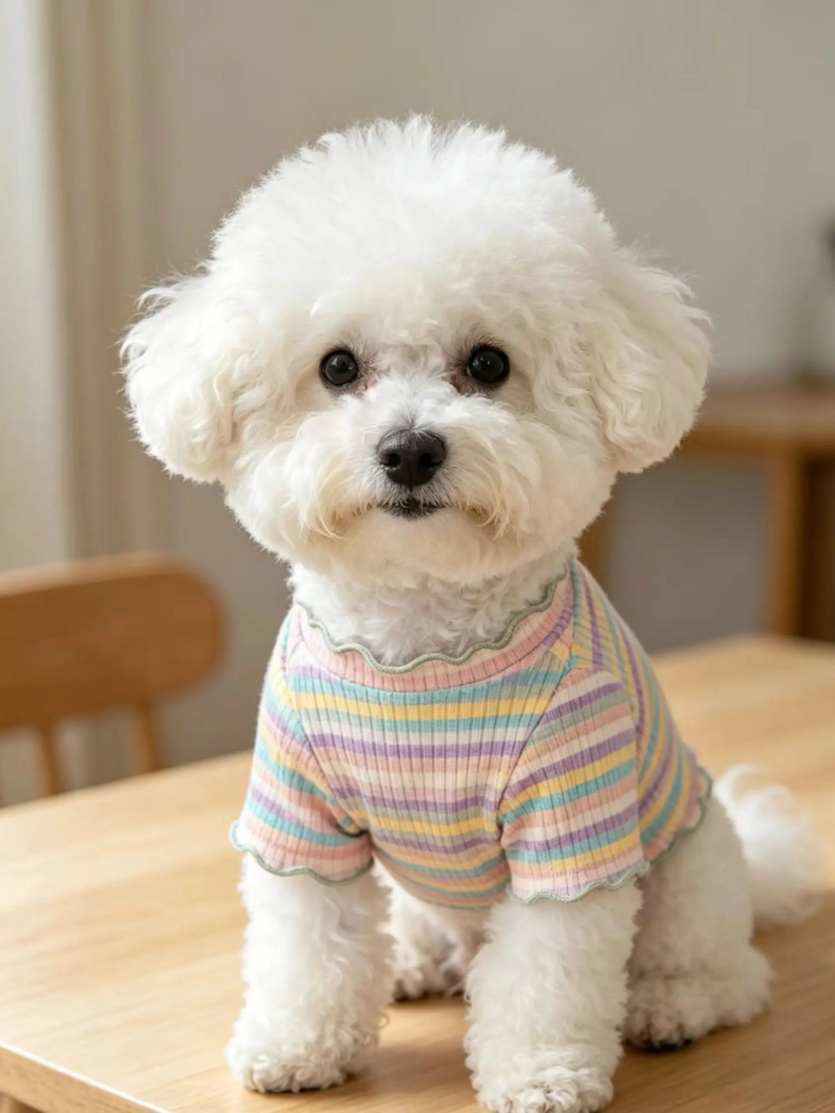 A fluffy white dog wearing a striped cotton t-shirt with pink trim.