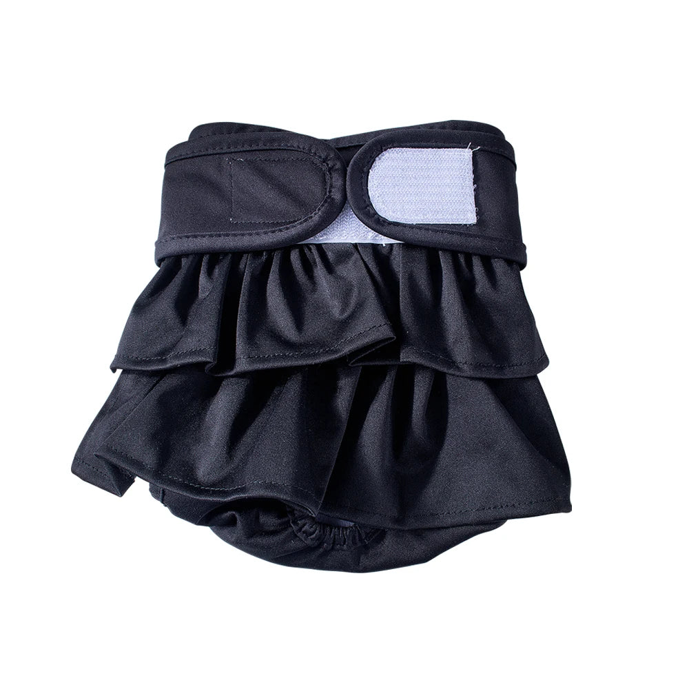 Black reusable washable dog diapers for female dogs with a gathered design.