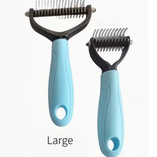 A pair of stainless steel pet grooming combs, labeled Large and Small, with light blue handles.