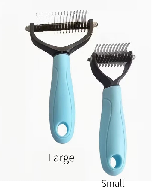 A pair of stainless steel pet grooming combs, labeled Large and Small, with light blue handles.