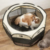 A fluffy orange and white cat is relaxing inside a beige and black folding octagonal pet cage.